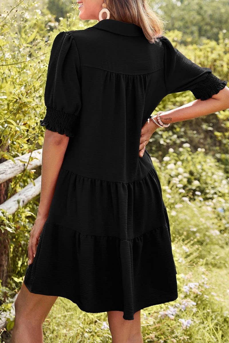 CWDSD7572_SUMMER PLEATED V-NECK SOLID COLOR SLEEVE DRESS