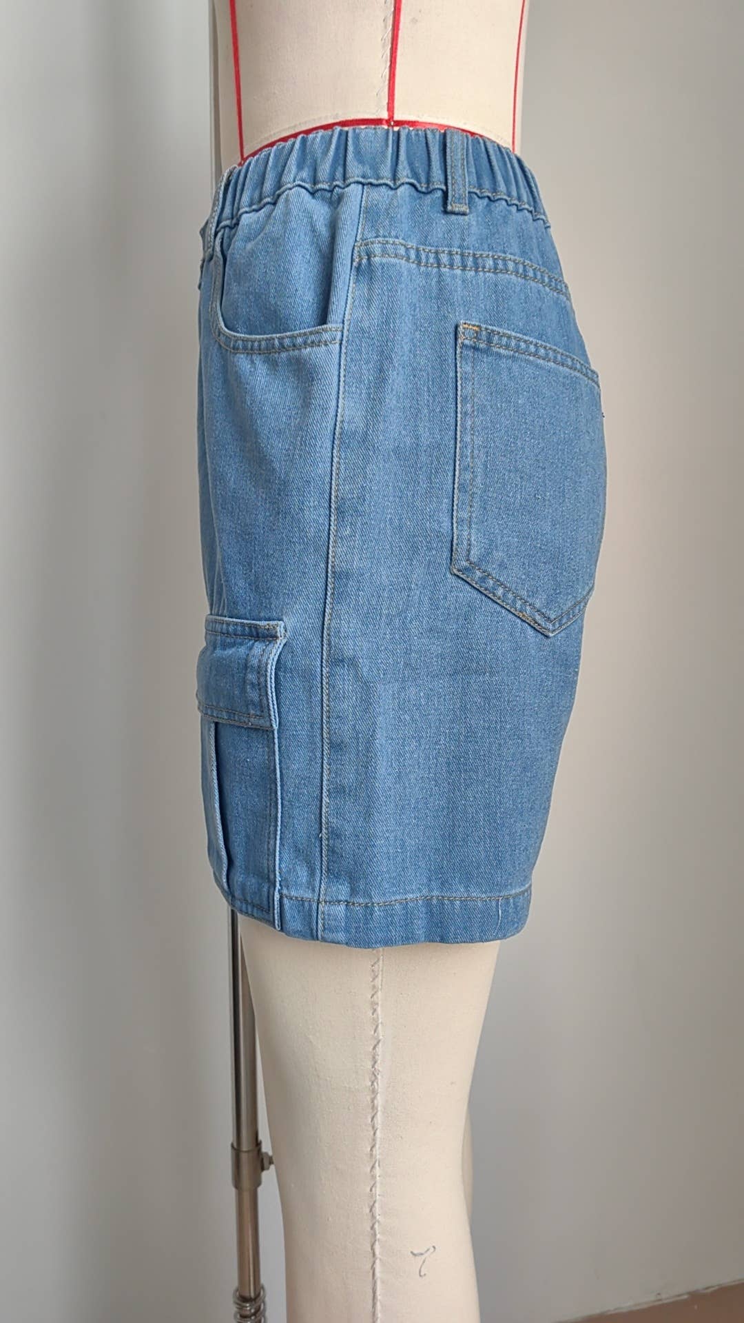 ELASTIC WAIST CARGO CASUAL DENIM SHORTS