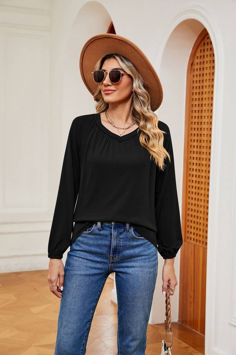CWTBLL2370_LONG SLEEVE V NECK PLEATED LOOSE PULLOVER