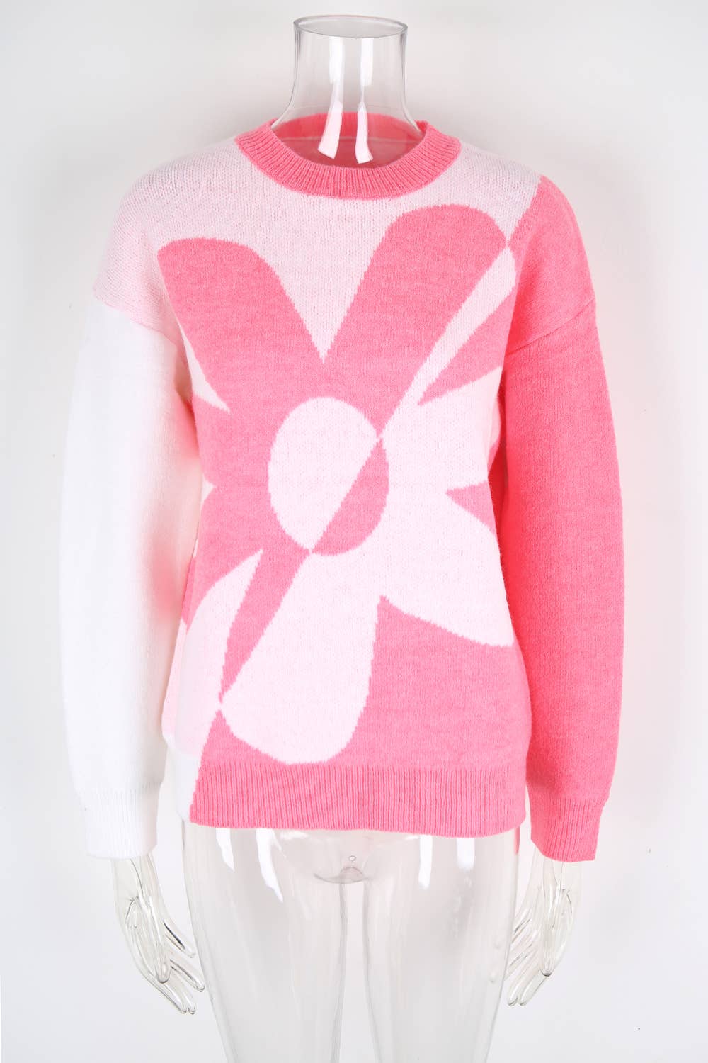 Floral color-blocking knitted pullover sweater