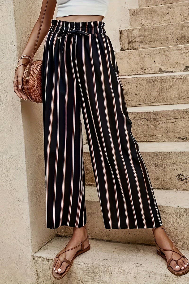 CWBLP2078_HIGH WAIST LOOSE FIT SLIM STRIPED WIDE LEG PANTS
