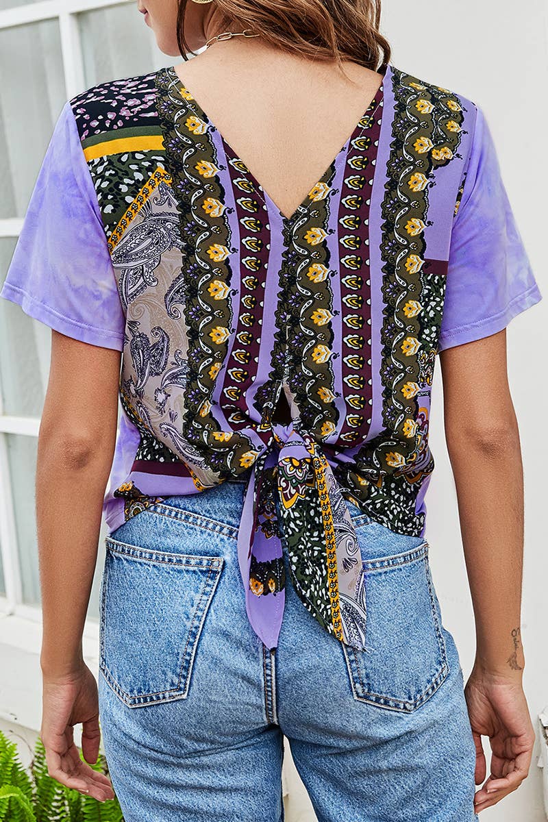 CWTTS1423_SUMMER V-NECK FASHIONABLE TIE-DYE PRINTED T-SHIRT