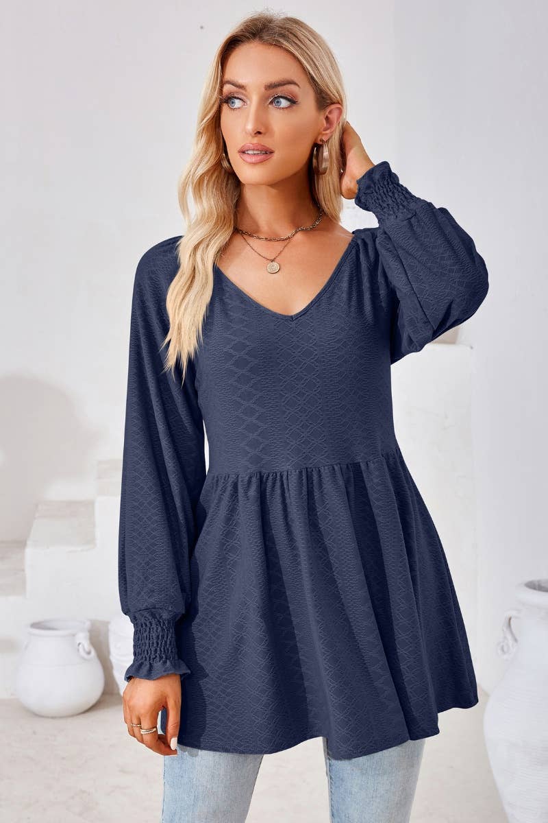 CWTBLL2817_SOLID COLOR PATCHWORK LONG-SLEEVED TUNIC