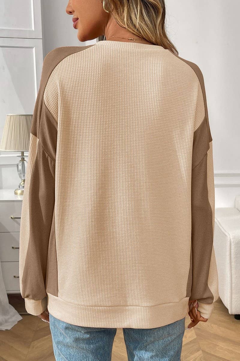 CWTBLL00833_COLORBLOCK CREWNECK WAFFLE KNIT LOOSE TOP