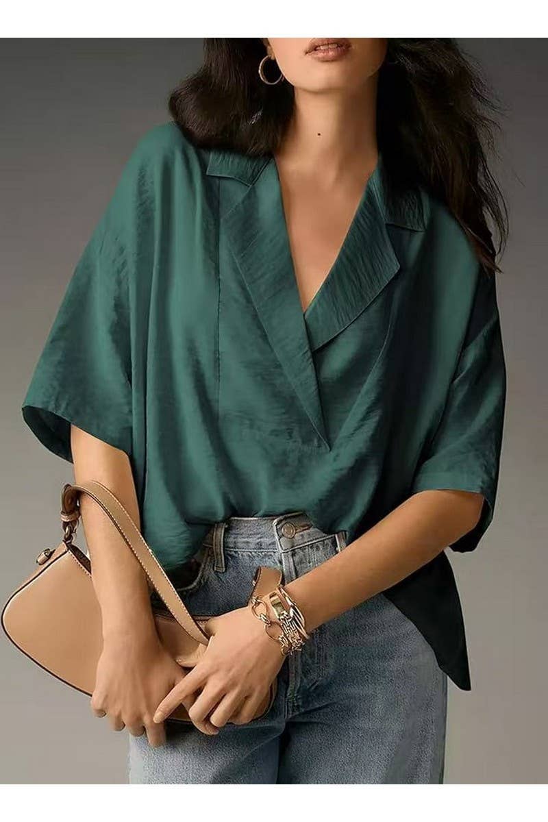 CWTBLS02500_2025SUMMER WOMEN POLO COLLAR SHORT SLEEVE BLOUSE