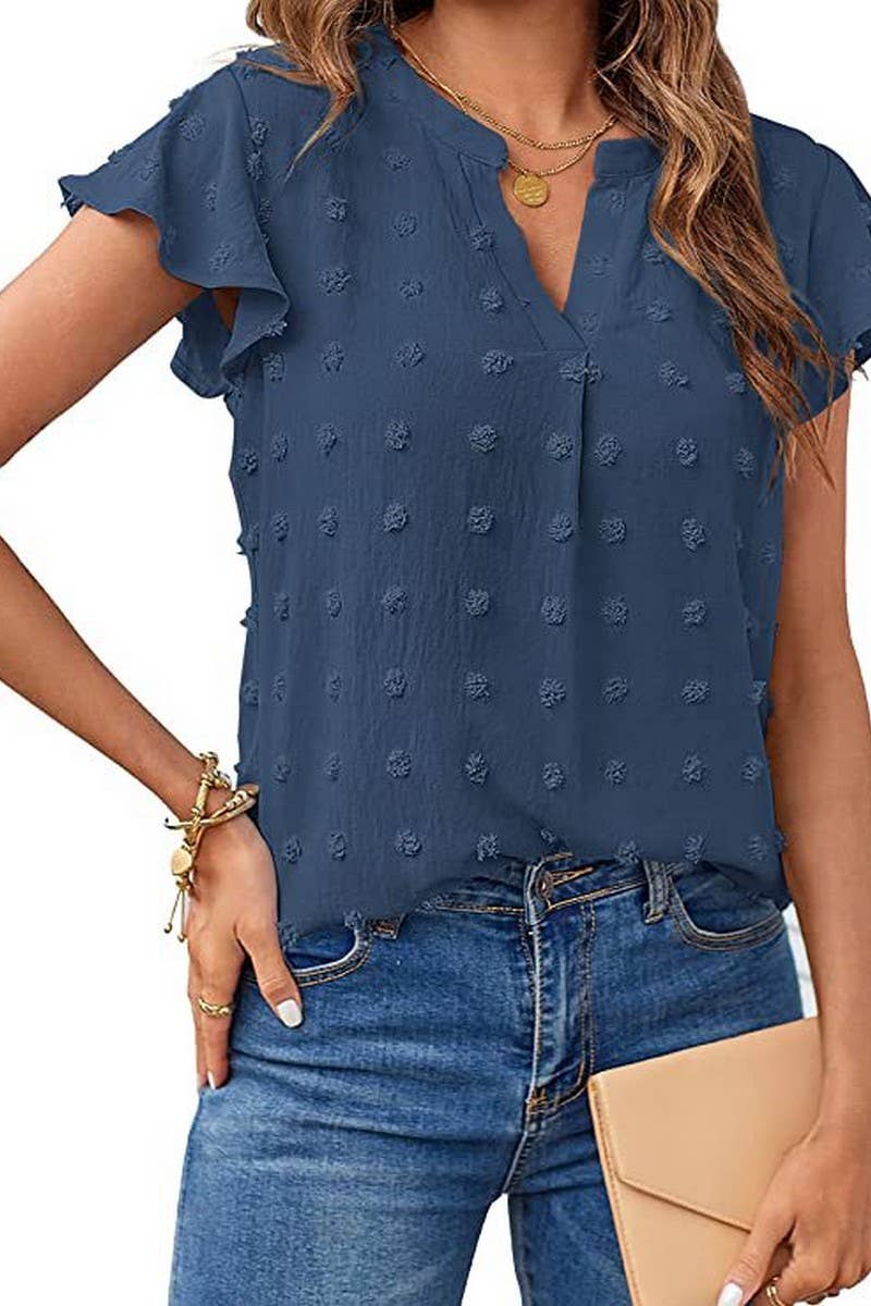 CWTBLS0606_V-NECK RUFFLED SLEEVE CHIFFON SHORT-SLEEVED TOP