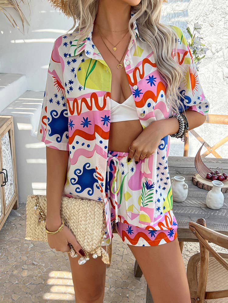 Bohemian Casual Color-Block Print Short Set