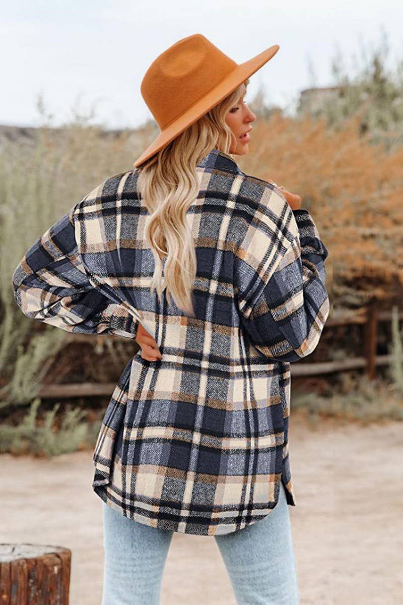CWOCO0938_LONG-SLEEVED LAPEL LOOSE PLAID THICKENED COAT