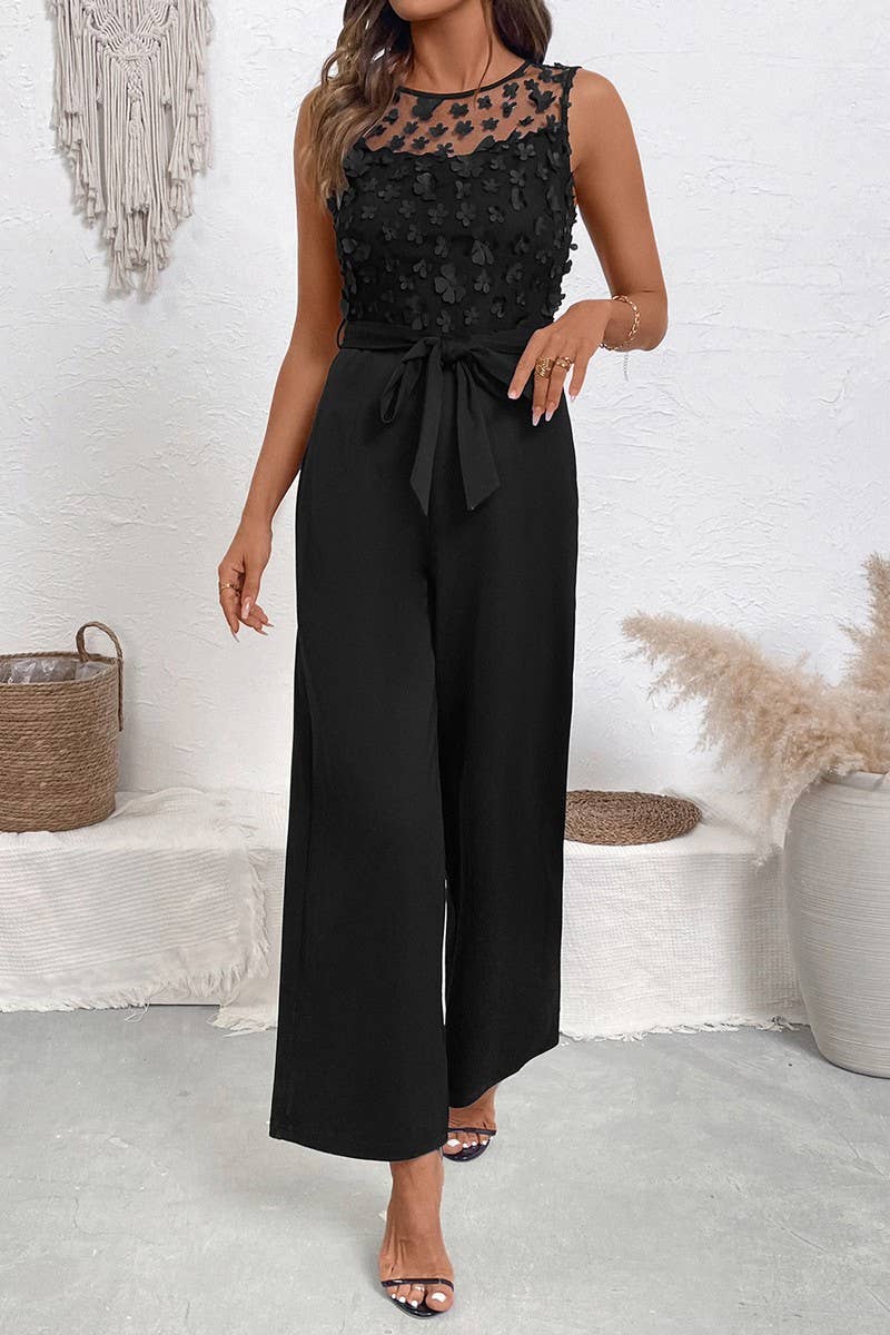 CWSJS1764_LACE PATCHWORK SLEEVELESS TIE WAIST JUMPSUIT