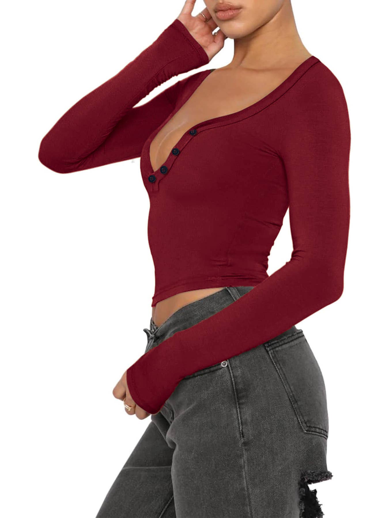 Button casual slimming knitted crop top T-shirt