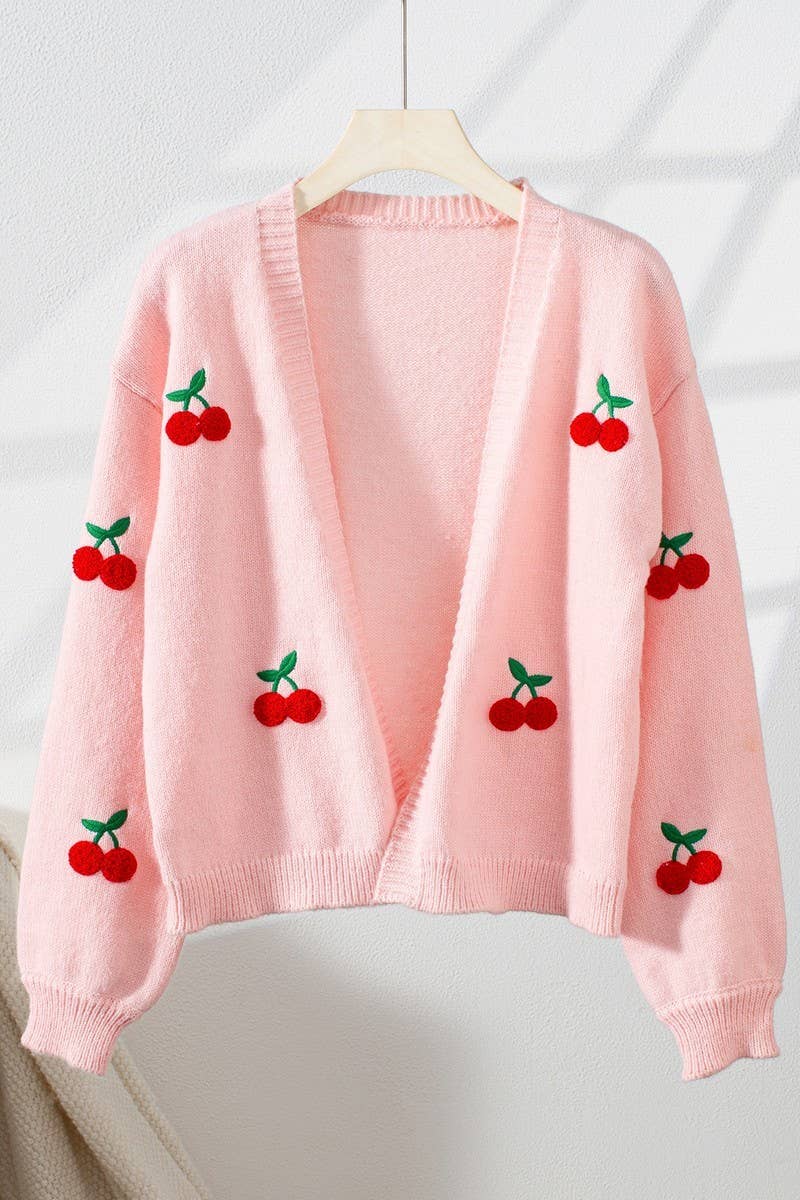 CWOCAL2361_ELEGANT PEACH EMBROIDERY KNIT CARDIGAN TOP