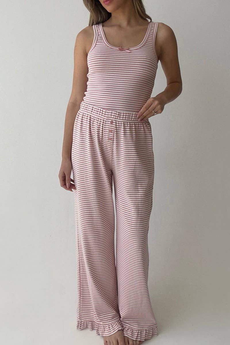 CWSPJ452_STRIPED RUFFLED TWO-PIECE PAJAMAS HOME CLOTHES