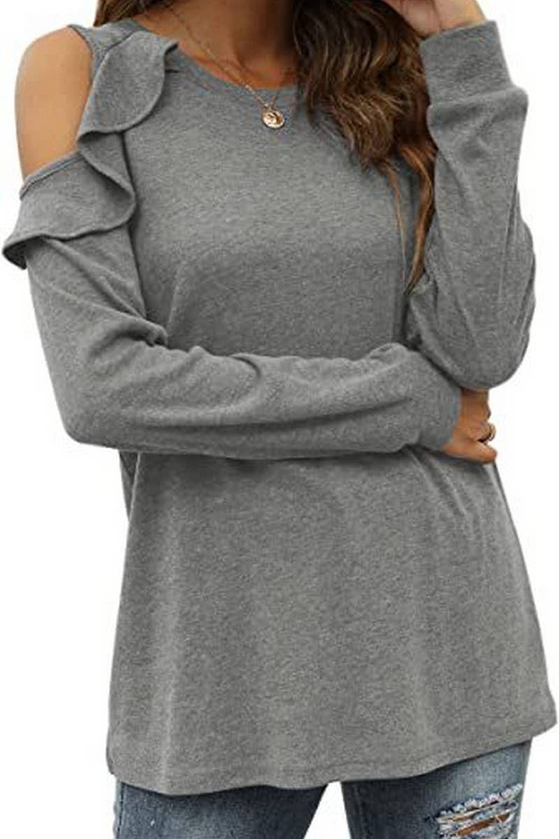 CWTBLL2671_ROUND NECK OFF-SHOULDER RUFFLED LOOSE TOP