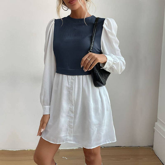 Color-block long sleeve dress with round neck