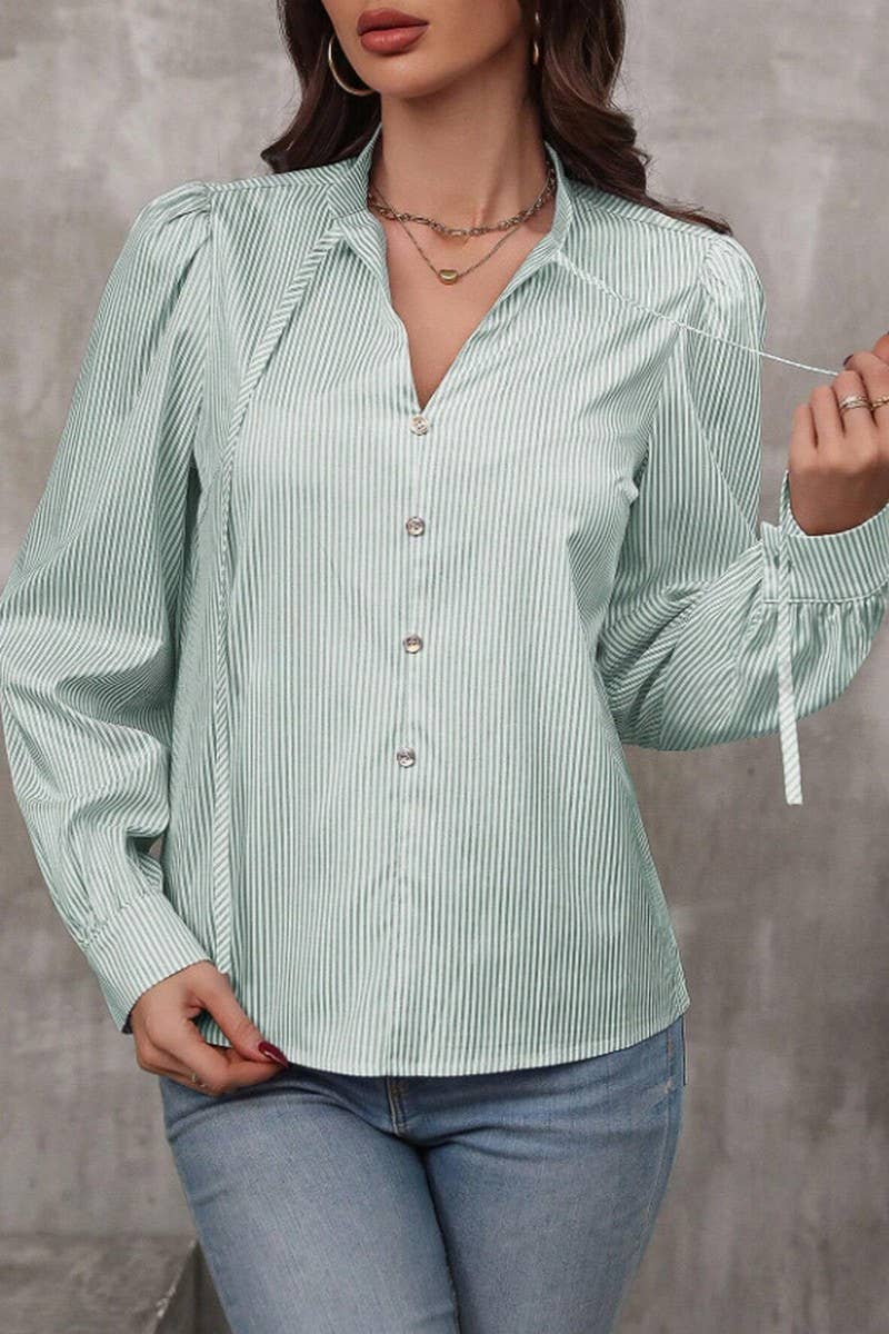 CWTSTL2886_STRIPED V-NECK TIE FRONT BUTTON LONG SLEEVE SHIRT