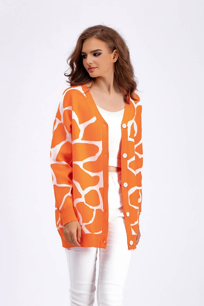 CWOCAL00664_JACQUARD KNIT V NECK LONGLINE CARDIGAN