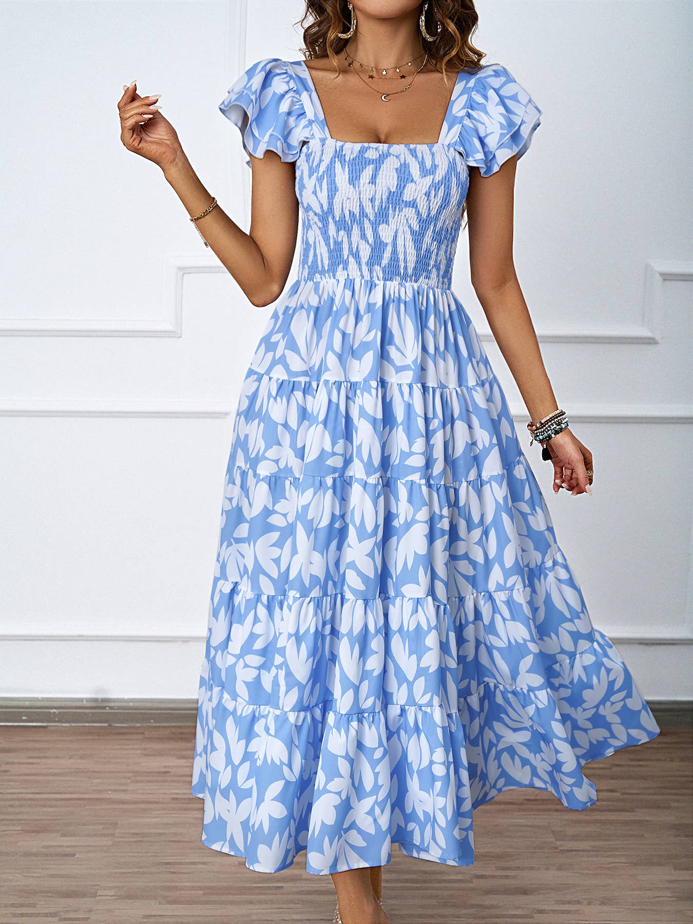 CASUAL SQUARE COLLAR PRINT PLEATED DRESS