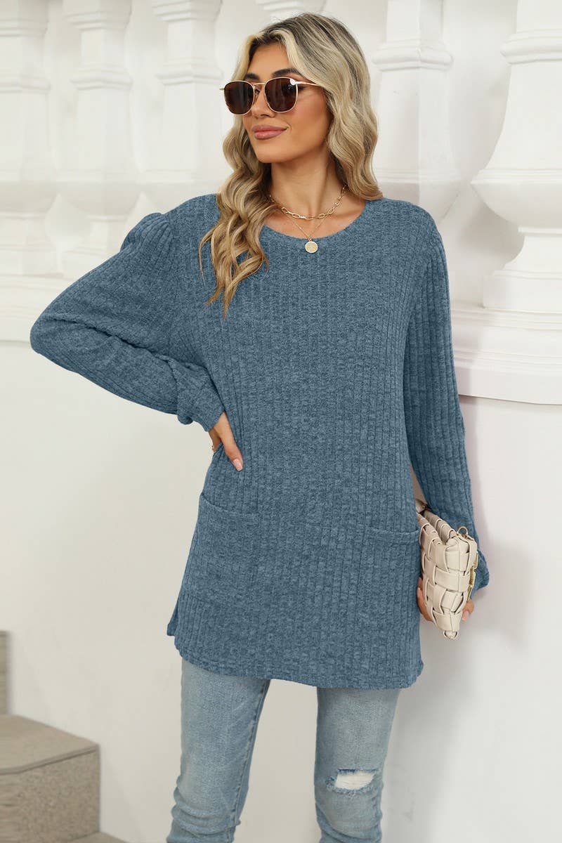CWTBLL1118_CASUAL ROUND NECK POCKET PUFF SLEEVE LOOSE TOP