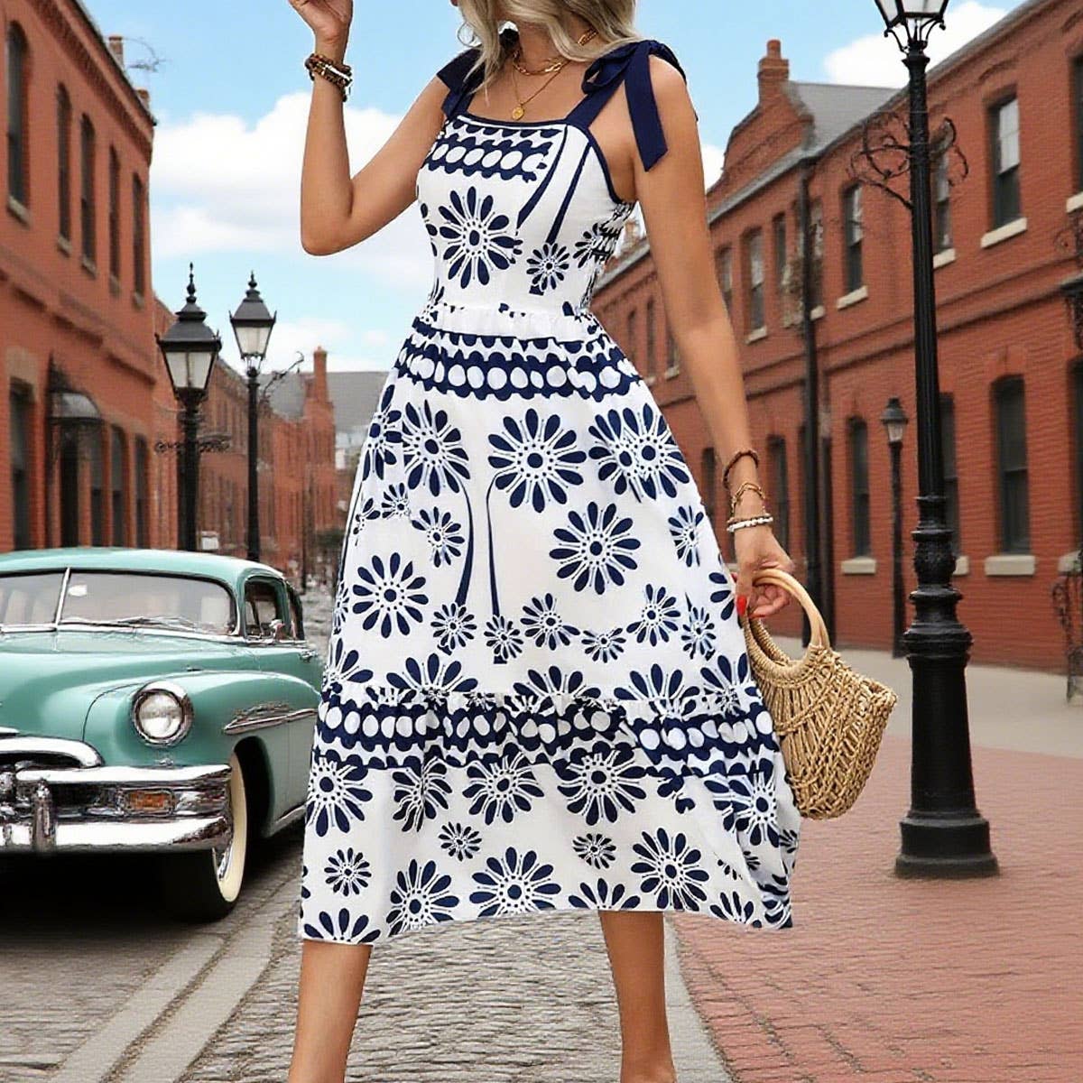 Casual bow shoulder strap printed long dress