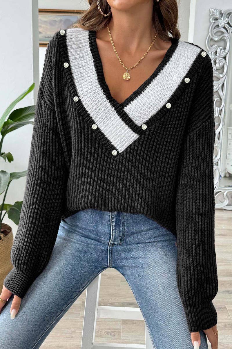 CWOSWL07387_WOMEN PEARL EMBELLISHED V NECK KNIT SWEATER