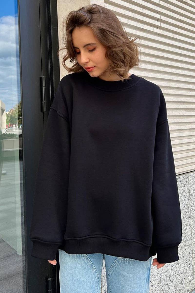 CWTBLL1668_SOLID COLOR LOOSE CREW NECK LONG SLEEVE HOODIE