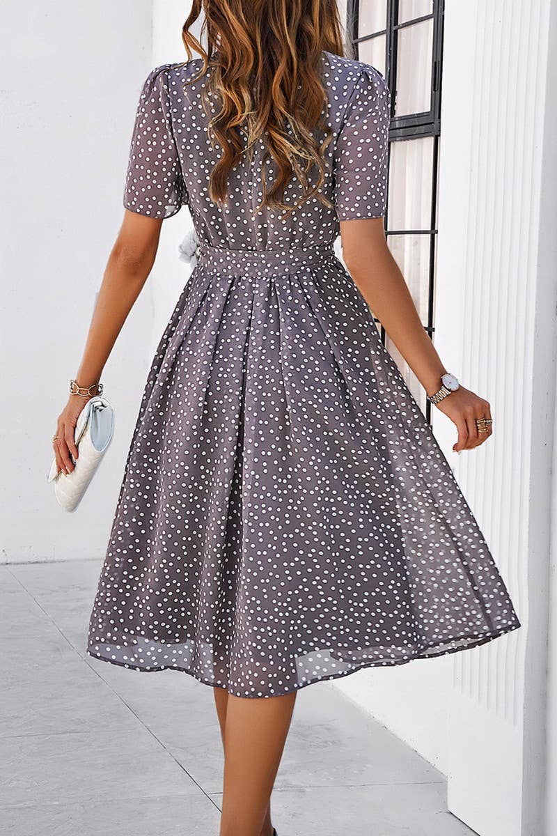 CWDSD7139_TEMPERAMENT CASUAL POLKA DOT LACE-UP PRINT DRESS