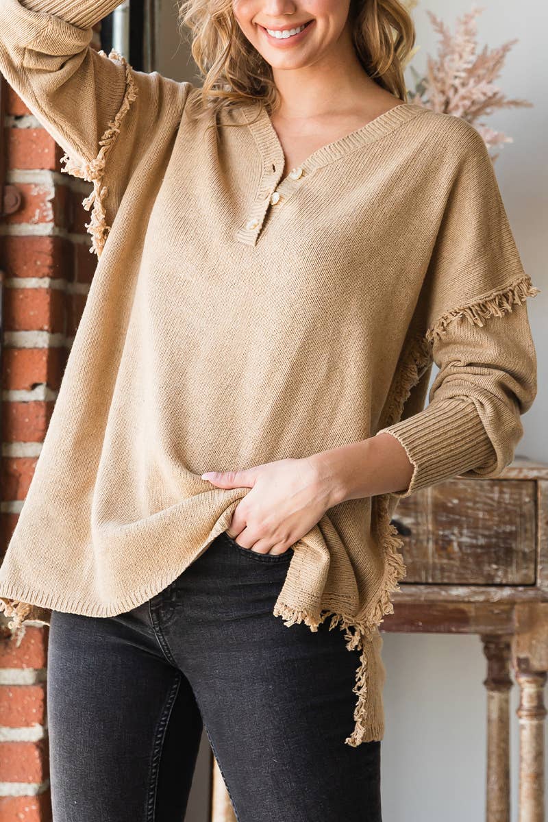 CWOSWL646-P_BUTTON DOWN FRINGE SHOULDER SWEATER KNIT TOP