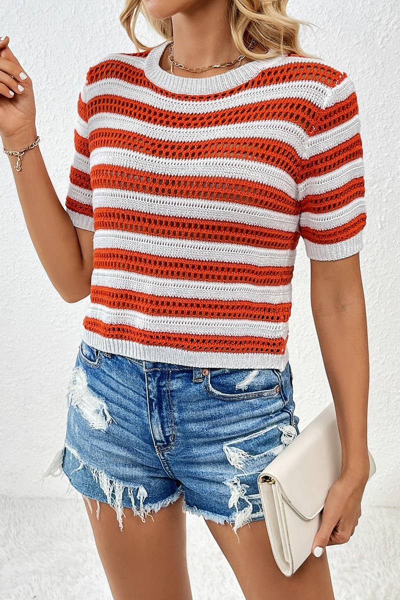 CWOSWS0043_Round Neck Short Sleeve Striped Knit Sweater