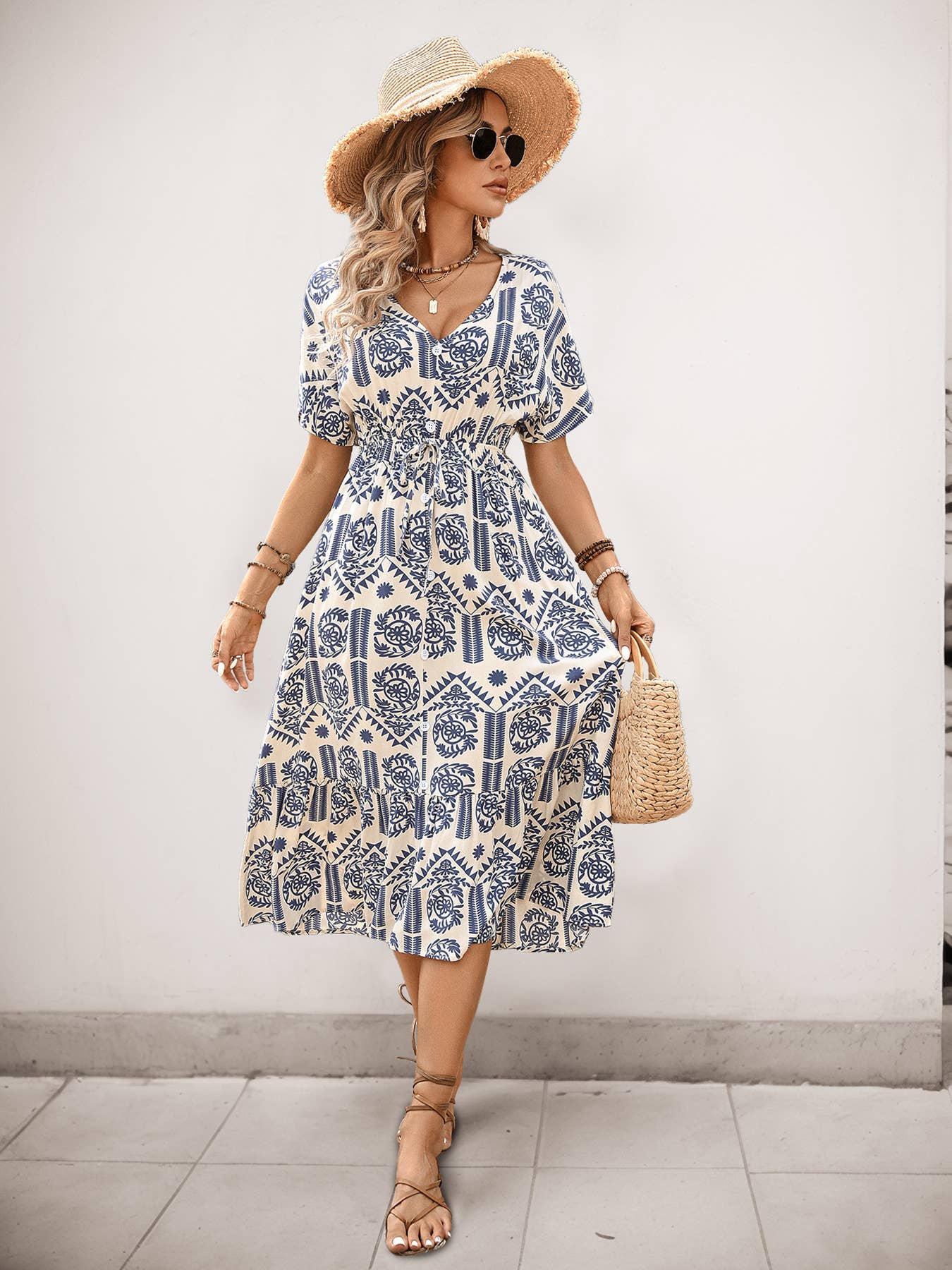 Boho print midi A-line dress with waist tie