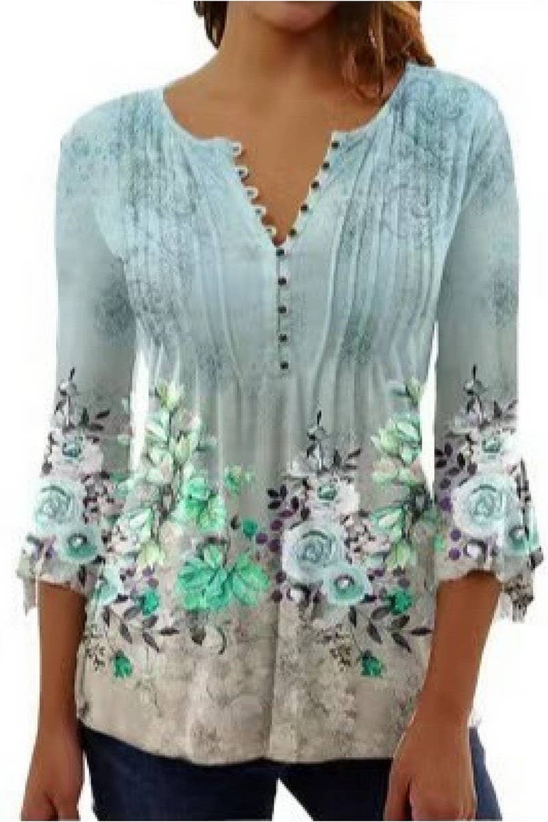 CWTTS1452_SPRING AND SUMMER V-NECK FLORAL BOTTOMING SHIRT