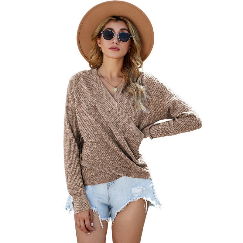 CROSSED V-NECK SOLID COLOR LONG-SLEEVED SWEATER