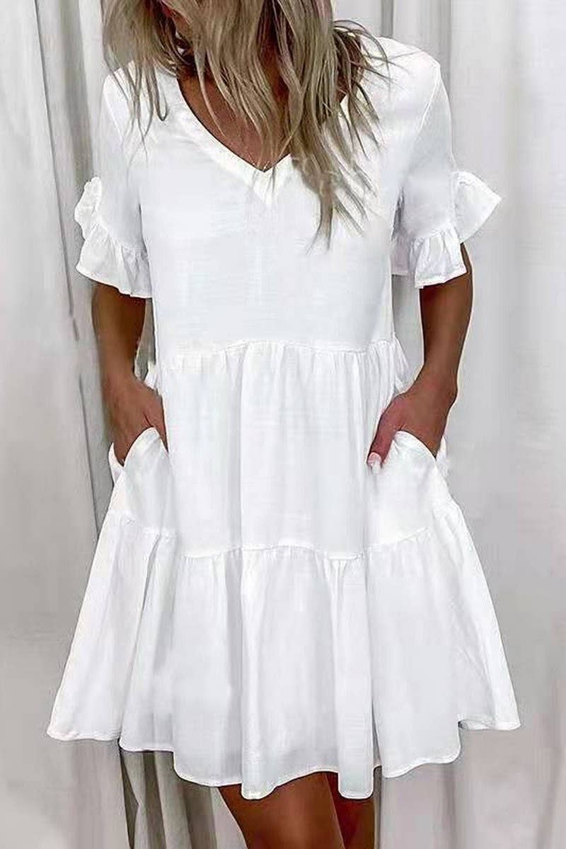 CWDSD8672_FASHION SHORT PRINTED RUFFLE POCKET DRESS