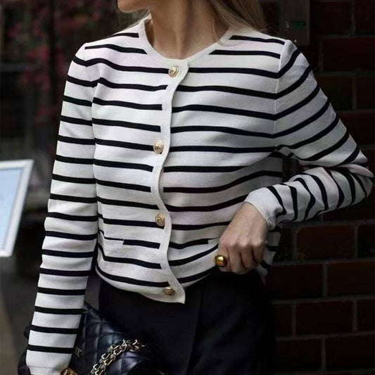 BLACK AND WHITE STRIPED SOFT WAXY CARDIGAN COAT