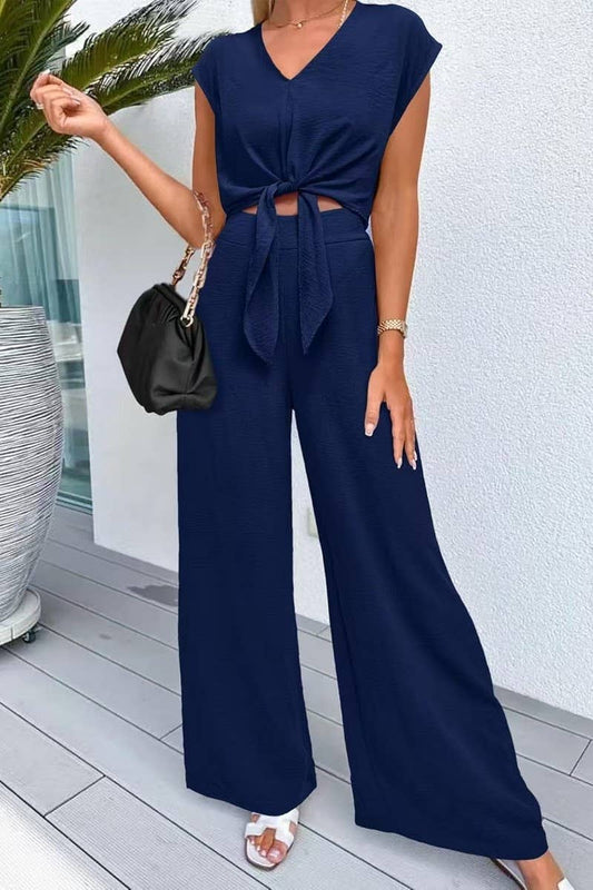 CWSS1217_V-NECK TIE CROP TOP HIGH WAIST SLIM WIDE LEG PANTS