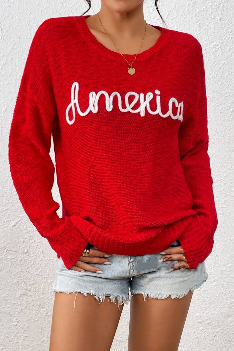 CWOSWL6516_INDEPENDENCE DAY LETTER LONG-SLEEVED SWEATER