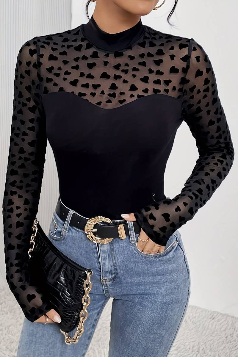 CWTBLL3518_MESH STITCHING LONG SLEEVE SLIM FIT BOTTOMING TOP