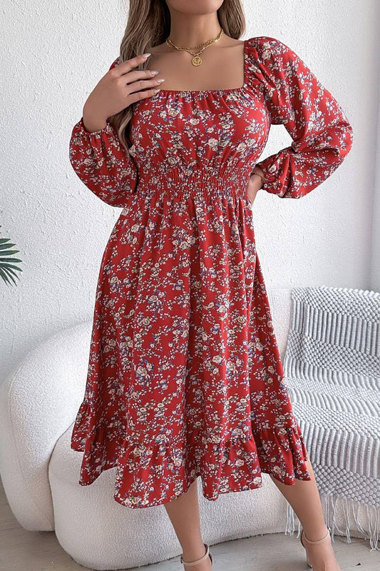 CWDMD6025_FLORAL SQUARE NECK LONG SLEEVE RUFFLE DRESS