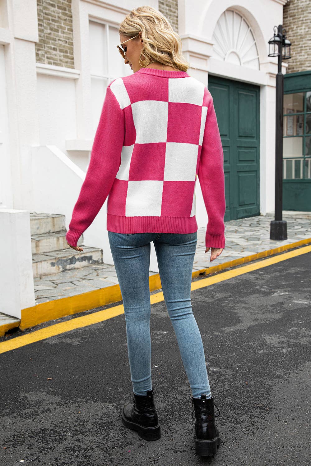 CREW-NECK LONG-SLEEVED PLAID KNIT PULLOVER