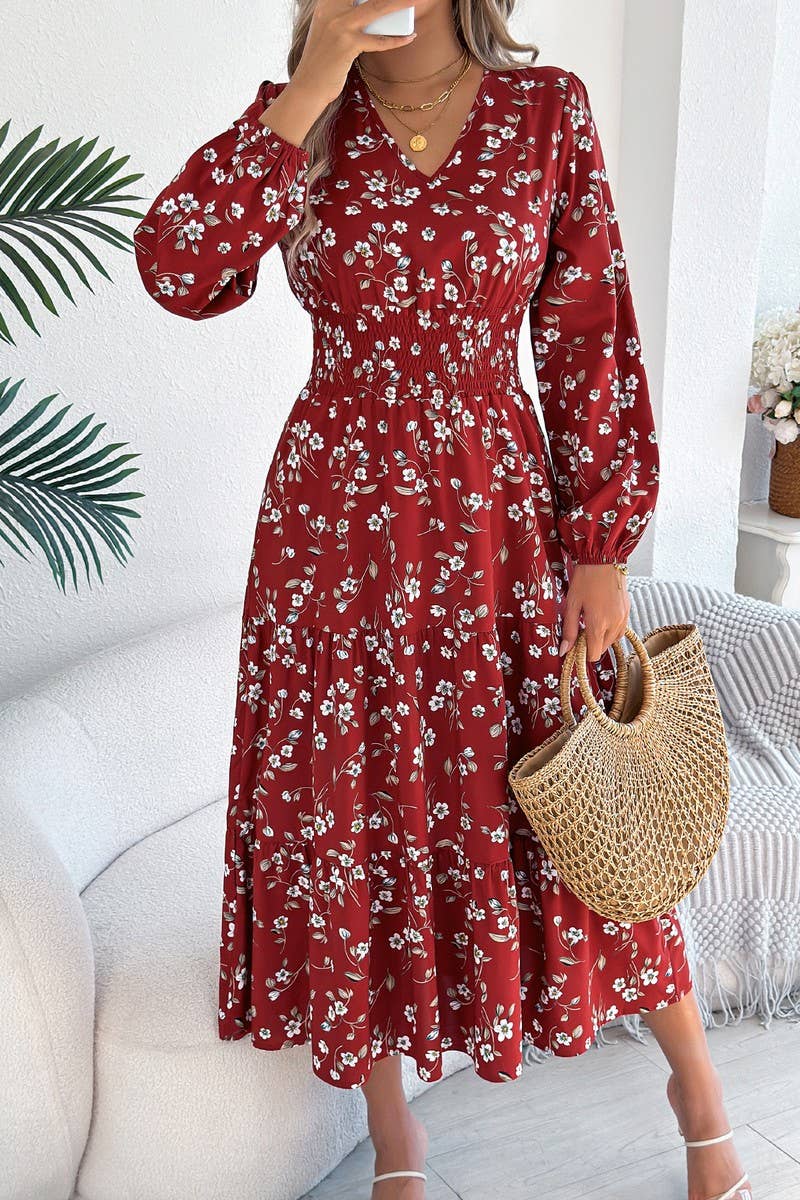 CWDMD6028_FLORAL V-NECK LONG SLEEVE RUFFLE WAIST DRESS