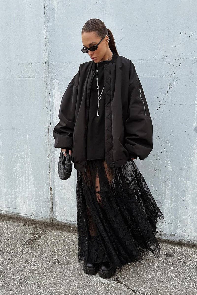 CWBLS138_LACE HOLLOW  HIGH WAIST MESH PLEATED SKIRT