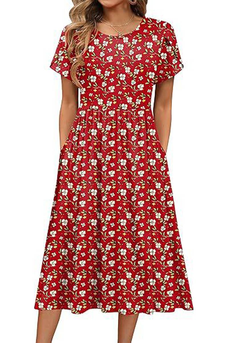 CWDMD6365_ROUND NECK PETAL SLEEVES MIDI PRINT DRESS