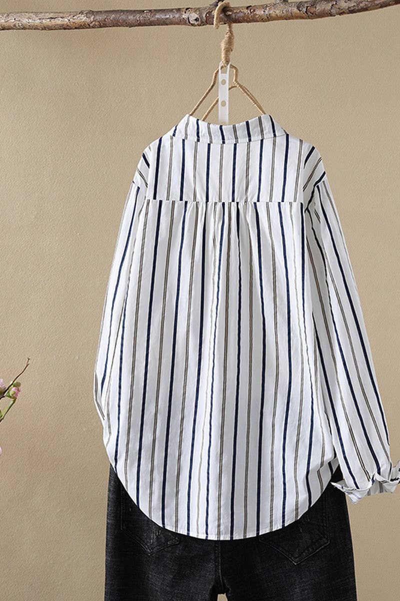 CWTSTL2247_STRIPED COTTON LOOSE CASUAL SHIRT TOP