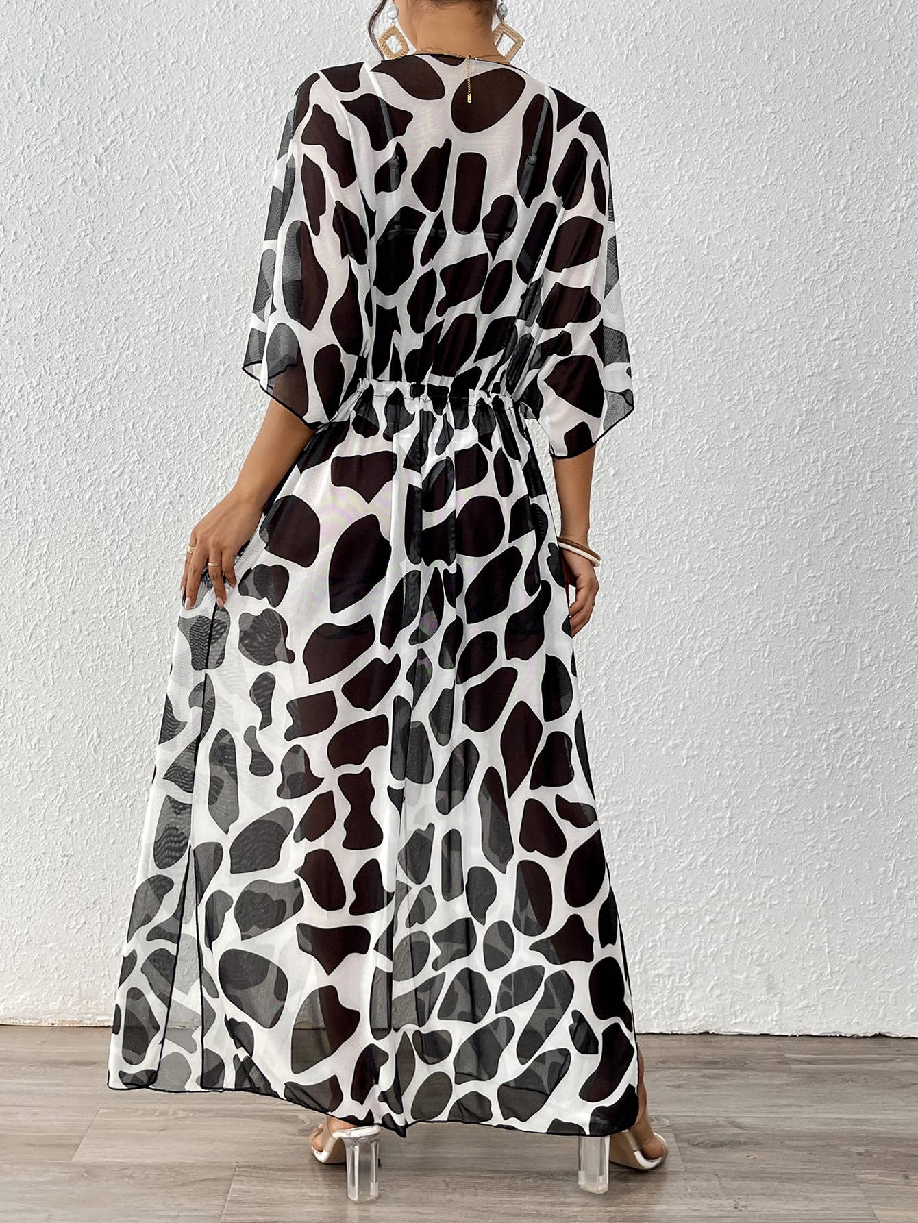 Baggy bat-sleeved tie up waist leopard mesh smock