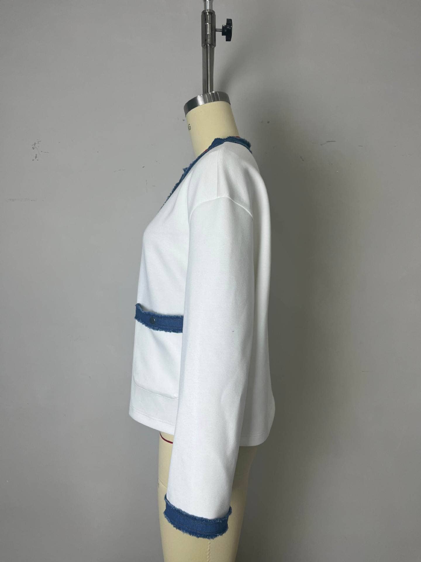 Denim color-blocking round-neck short coat