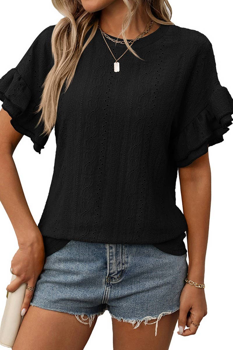 CWTBLS1719_ROUND NECK RUFFLE SLEEVE SHORT SLEEVE T-SHIRT TOP