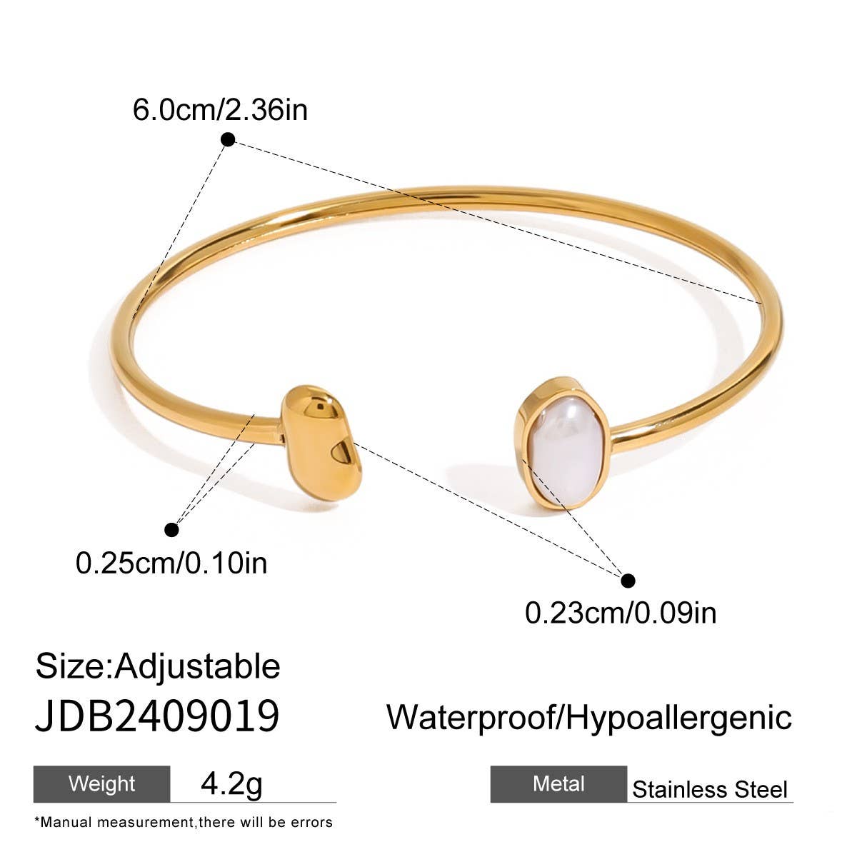 Elegant Pearl Open Cuff Bracelet in StainlessSteel