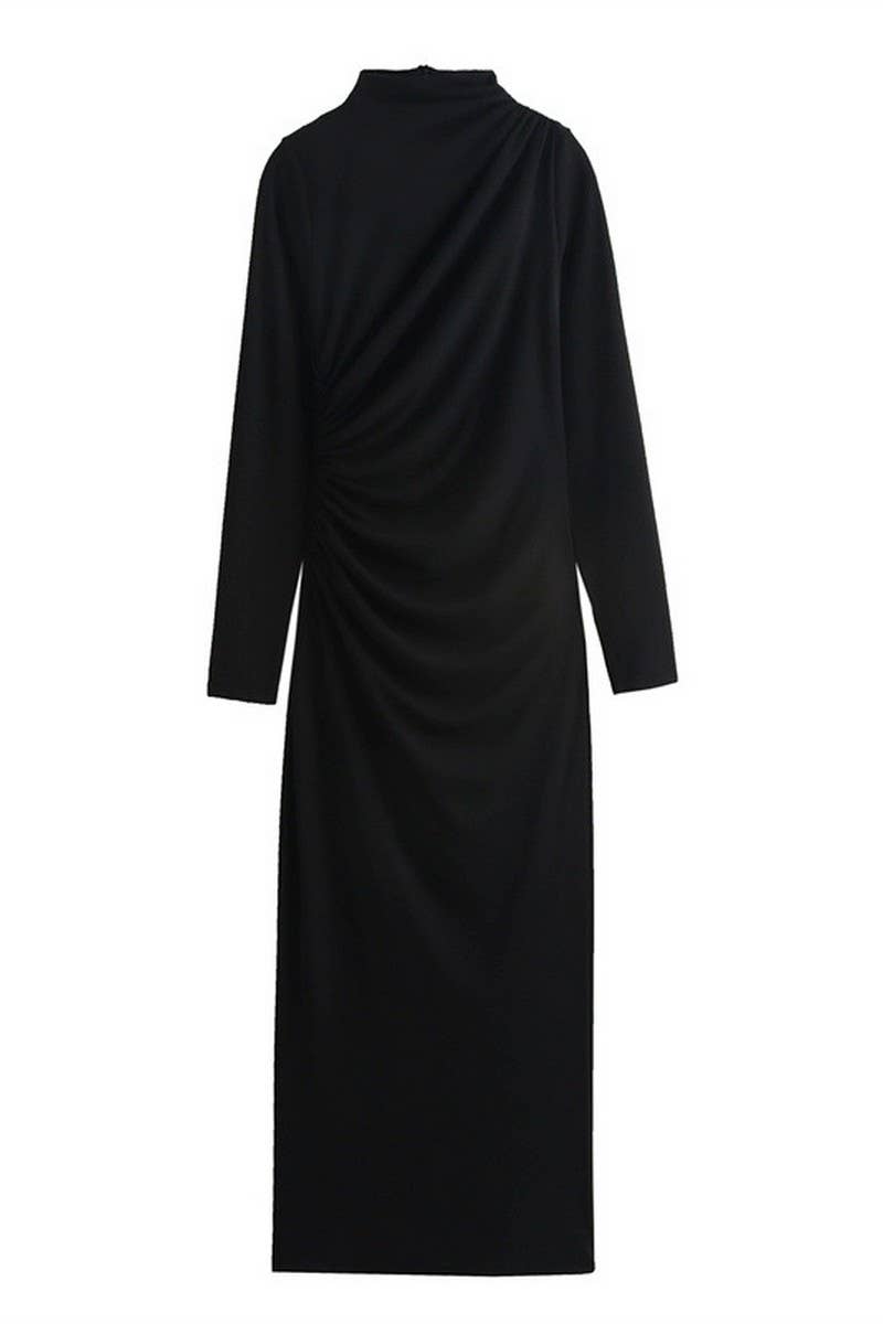 CWDMD4183_SOLID COLOR HALF TURTLENECK LONG PLEATED DRESS