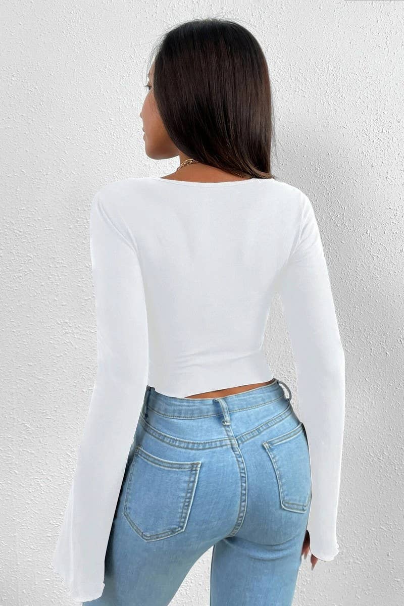 CWTBLL2702_V-NECK FLARED SLEEVES IRREGULAR KNITTED TOP