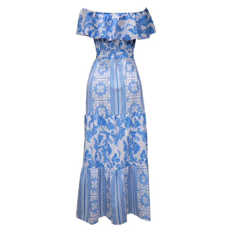 BOHO PRINT DRESS WITH A LINE NECK AND HIGH WAIST