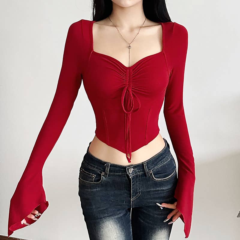 CROP SLEEVES DRAWSTRING PLEATS SOLID COLOR BLOUSE